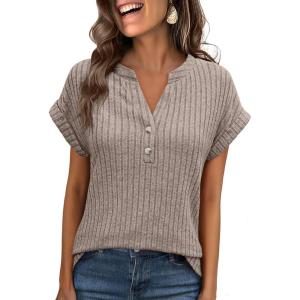 ANRABESS Womens Short Sleeve Henley Shirts V Neck Summer Sweaters 2026 Spring Business Tunic Tops Dressy Casual Work Blouses(Light Ash Brown)