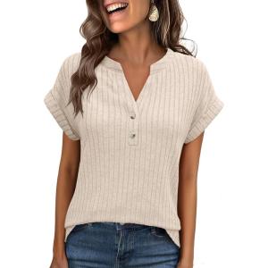 ANRABESS Womens Short Sleeve Henley Shirts V Neck Summer Sweaters 2026 Spring Business Tunic Tops Dressy Casual Work Blouses(Light Khaki)