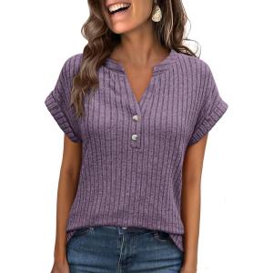 ANRABESS Womens Short Sleeve Henley Shirts V Neck Summer Sweaters 2026 Spring Business Tunic Tops Dressy Casual Work Blouses(Purple)