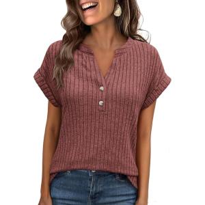 ANRABESS Womens Short Sleeve Henley Shirts V Neck Summer Sweaters 2026 Spring Business Tunic Tops Dressy Casual Work Blouses(Rust Orange)