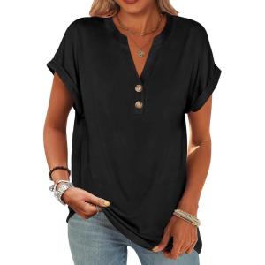 ANRABESS Womens Short Sleeve Henley Tops V Neck Dressy Casual Blouses Summer Trendy Tee Shirts 2025 Vacation Fashion Clothes(Black)