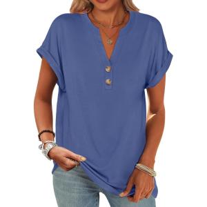 ANRABESS Womens Short Sleeve Henley Tops V Neck Dressy Casual Blouses Summer Trendy Tee Shirts 2025 Vacation Fashion Clothes(Blue)