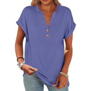 ANRABESS Womens Short Sleeve Henley Tops V Neck Dressy Casual Blouses Summer Trendy Tee Shirts 2025 Vacation Fashion Clothes(Blue Gray)
