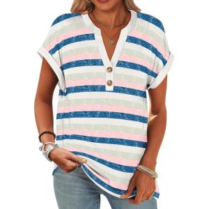 ANRABESS Womens Short Sleeve Henley Tops V Neck Dressy Casual Blouses Summer Trendy Tee Shirts 2025 Vacation Fashion Clothes(Blue Pink Strip)