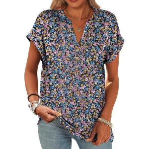 ANRABESS Womens Short Sleeve Henley Tops V Neck Dressy Casual Blouses Summer Trendy Tee Shirts 2025 Vacation Fashion Clothes(Blue Purple Floral)