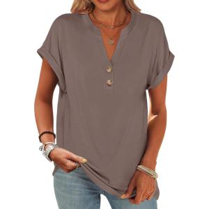 ANRABESS Womens Short Sleeve Henley Tops V Neck Dressy Casual Blouses Summer Trendy Tee Shirts 2025 Vacation Fashion Clothes(Brown)