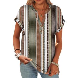 ANRABESS Womens Short Sleeve Henley Tops V Neck Dressy Casual Blouses Summer Trendy Tee Shirts 2025 Vacation Fashion Clothes(Brown White Strip)