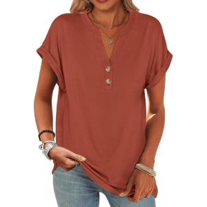 ANRABESS Womens Short Sleeve Henley Tops V Neck Dressy Casual Blouses Summer Trendy Tee Shirts 2025 Vacation Fashion Clothes(Caramel Brown)