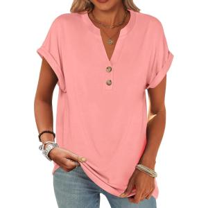 ANRABESS Womens Short Sleeve Henley Tops V Neck Dressy Casual Blouses Summer Trendy Tee Shirts 2025 Vacation Fashion Clothes(Coral)