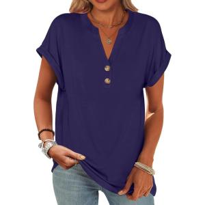 ANRABESS Womens Short Sleeve Henley Tops V Neck Dressy Casual Blouses Summer Trendy Tee Shirts 2025 Vacation Fashion Clothes(Dark Blue)