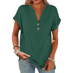 ANRABESS Womens Short Sleeve Henley Tops V Neck Dressy Casual Blouses Summer Trendy Tee Shirts 2025 Vacation Fashion Clothes(Dark Green)