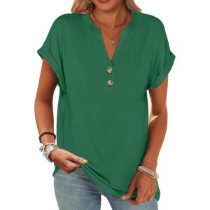 ANRABESS Womens Short Sleeve Henley Tops V Neck Dressy Casual Blouses Summer Trendy Tee Shirts 2025 Vacation Fashion Clothes(Green)