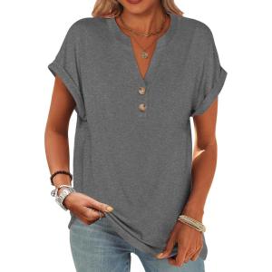 ANRABESS Womens Short Sleeve Henley Tops V Neck Dressy Casual Blouses Summer Trendy Tee Shirts 2025 Vacation Fashion Clothes(Grey)