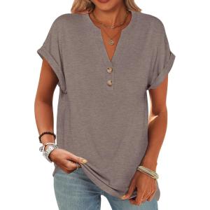 ANRABESS Womens Short Sleeve Henley Tops V Neck Dressy Casual Blouses Summer Trendy Tee Shirts 2025 Vacation Fashion Clothes(Grey Brown)