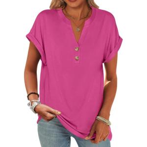 ANRABESS Womens Short Sleeve Henley Tops V Neck Dressy Casual Blouses Summer Trendy Tee Shirts 2025 Vacation Fashion Clothes(Hot Pink)