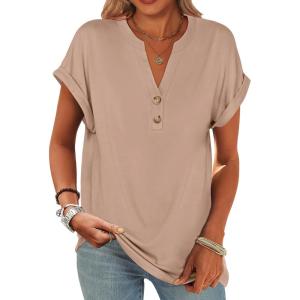 ANRABESS Womens Short Sleeve Henley Tops V Neck Dressy Casual Blouses Summer Trendy Tee Shirts 2025 Vacation Fashion Clothes(Khaki)