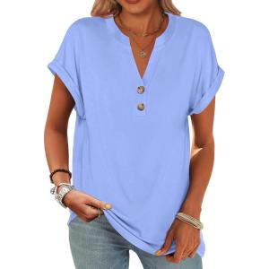 ANRABESS Womens Short Sleeve Henley Tops V Neck Dressy Casual Blouses Summer Trendy Tee Shirts 2025 Vacation Fashion Clothes(Light Blue)