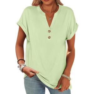 ANRABESS Womens Short Sleeve Henley Tops V Neck Dressy Casual Blouses Summer Trendy Tee Shirts 2025 Vacation Fashion Clothes(Light Green)