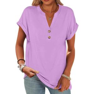 ANRABESS Womens Short Sleeve Henley Tops V Neck Dressy Casual Blouses Summer Trendy Tee Shirts 2025 Vacation Fashion Clothes(Light Purple)