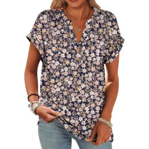 ANRABESS Womens Short Sleeve Henley Tops V Neck Dressy Casual Blouses Summer Trendy Tee Shirts 2025 Vacation Fashion Clothes(Navy Blue Pink Floral)