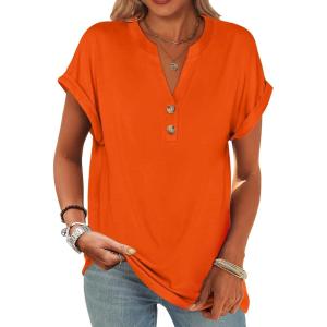ANRABESS Womens Short Sleeve Henley Tops V Neck Dressy Casual Blouses Summer Trendy Tee Shirts 2025 Vacation Fashion Clothes(Orange)