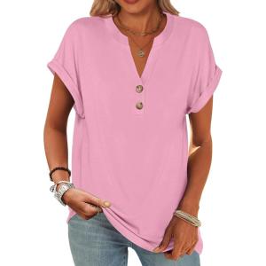 ANRABESS Womens Short Sleeve Henley Tops V Neck Dressy Casual Blouses Summer Trendy Tee Shirts 2025 Vacation Fashion Clothes(Pink)