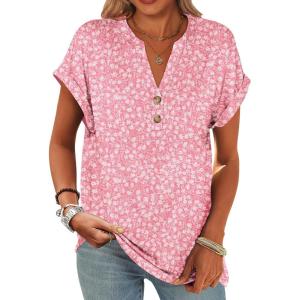 ANRABESS Womens Short Sleeve Henley Tops V Neck Dressy Casual Blouses Summer Trendy Tee Shirts 2025 Vacation Fashion Clothes(Pink White Floral)