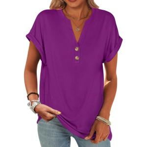 ANRABESS Womens Short Sleeve Henley Tops V Neck Dressy Casual Blouses Summer Trendy Tee Shirts 2025 Vacation Fashion Clothes(Purple)