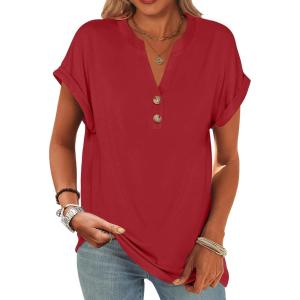 ANRABESS Womens Short Sleeve Henley Tops V Neck Dressy Casual Blouses Summer Trendy Tee Shirts 2025 Vacation Fashion Clothes(Red)
