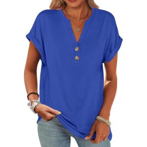 ANRABESS Womens Short Sleeve Henley Tops V Neck Dressy Casual Blouses Summer Trendy Tee Shirts 2025 Vacation Fashion Clothes(Royal Blue)
