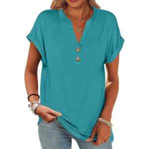 ANRABESS Womens Short Sleeve Henley Tops V Neck Dressy Casual Blouses Summer Trendy Tee Shirts 2025 Vacation Fashion Clothes(Sky Blue)