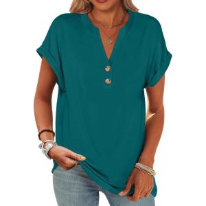 ANRABESS Womens Short Sleeve Henley Tops V Neck Dressy Casual Blouses Summer Trendy Tee Shirts 2025 Vacation Fashion Clothes(Teal)