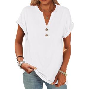 ANRABESS Womens Short Sleeve Henley Tops V Neck Dressy Casual Blouses Summer Trendy Tee Shirts 2025 Vacation Fashion Clothes(White)