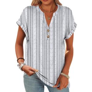 ANRABESS Womens Short Sleeve Henley Tops V Neck Dressy Casual Blouses Summer Trendy Tee Shirts 2025 Vacation Fashion Clothes(White Grey Strip)
