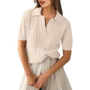 ANRABESS Women’s Short Sleeve Sweaters Tops Polo V Neck Cable Knit Casual Soft Pullover Shirts 2025 Summer Outfits(Beige)