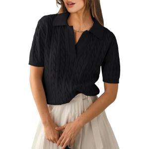 ANRABESS Women’s Short Sleeve Sweaters Tops Polo V Neck Cable Knit Casual Soft Pullover Shirts 2025 Summer Outfits(Black)