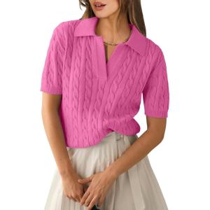 ANRABESS Women’s Short Sleeve Sweaters Tops Polo V Neck Cable Knit Casual Soft Pullover Shirts 2025 Summer Outfits(Bright Pink)