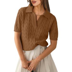 ANRABESS Women’s Short Sleeve Sweaters Tops Polo V Neck Cable Knit Casual Soft Pullover Shirts 2025 Summer Outfits(Brown)