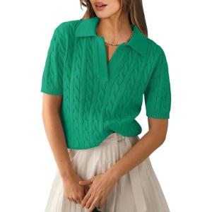 ANRABESS Women’s Short Sleeve Sweaters Tops Polo V Neck Cable Knit Casual Soft Pullover Shirts 2025 Summer Outfits(Green)