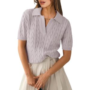 ANRABESS Women’s Short Sleeve Sweaters Tops Polo V Neck Cable Knit Casual Soft Pullover Shirts 2025 Summer Outfits(Grey)
