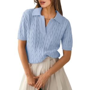 ANRABESS Women’s Short Sleeve Sweaters Tops Polo V Neck Cable Knit Casual Soft Pullover Shirts 2025 Summer Outfits(Light Blue)