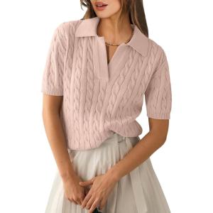 ANRABESS Women’s Short Sleeve Sweaters Tops Polo V Neck Cable Knit Casual Soft Pullover Shirts 2025 Summer Outfits(Light Brown)