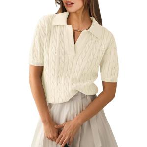 ANRABESS Women’s Short Sleeve Sweaters Tops Polo V Neck Cable Knit Casual Soft Pullover Shirts 2025 Summer Outfits(Light Yellow)