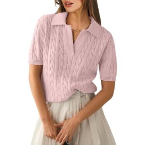 ANRABESS Women’s Short Sleeve Sweaters Tops Polo V Neck Cable Knit Casual Soft Pullover Shirts 2025 Summer Outfits(Pink)