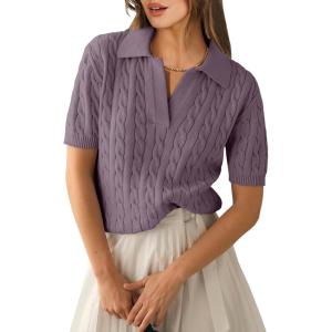 ANRABESS Women’s Short Sleeve Sweaters Tops Polo V Neck Cable Knit Casual Soft Pullover Shirts 2025 Summer Outfits(Purple)
