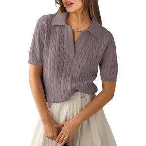 ANRABESS Women’s Short Sleeve Sweaters Tops Polo V Neck Cable Knit Casual Soft Pullover Shirts 2025 Summer Outfits(Red Apricot)