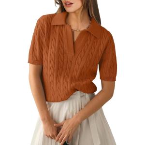 ANRABESS Women’s Short Sleeve Sweaters Tops Polo V Neck Cable Knit Casual Soft Pullover Shirts 2025 Summer Outfits(Rust)