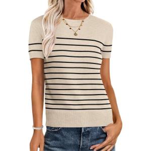 ANRABESS Womens Short Sleeve Sweaters Wool Blend Crew Neck Sweater Shirts Business Casual Work Tops 2025 Summer Outfits(Beige Black Stripe)