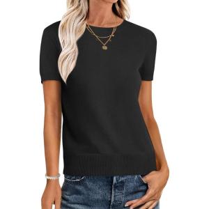 ANRABESS Womens Short Sleeve Sweaters Wool Blend Crew Neck Sweater Shirts Business Casual Work Tops 2025 Summer Outfits(Black)