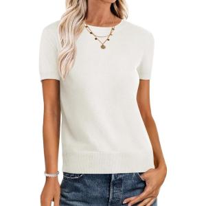 ANRABESS Womens Short Sleeve Sweaters Wool Blend Crew Neck Sweater Shirts Business Casual Work Tops 2025 Summer Outfits(Cream White)